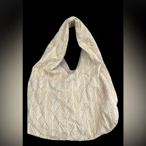 World Market Hobo Boho Tote Bag in Beige and White Print